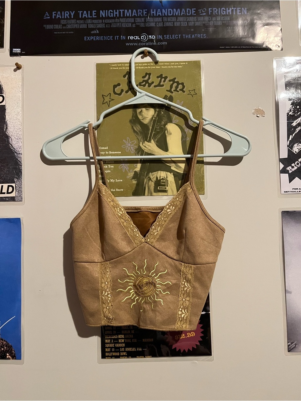 Sun-Embroidered Beige Crop Tank Top